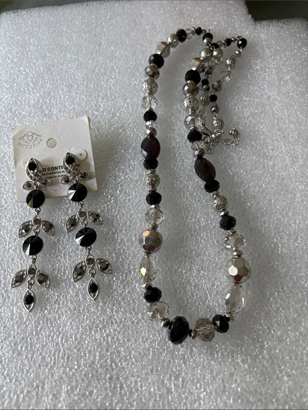 -Inspired Black and Silver Beaded Necklace and Earrings Set new